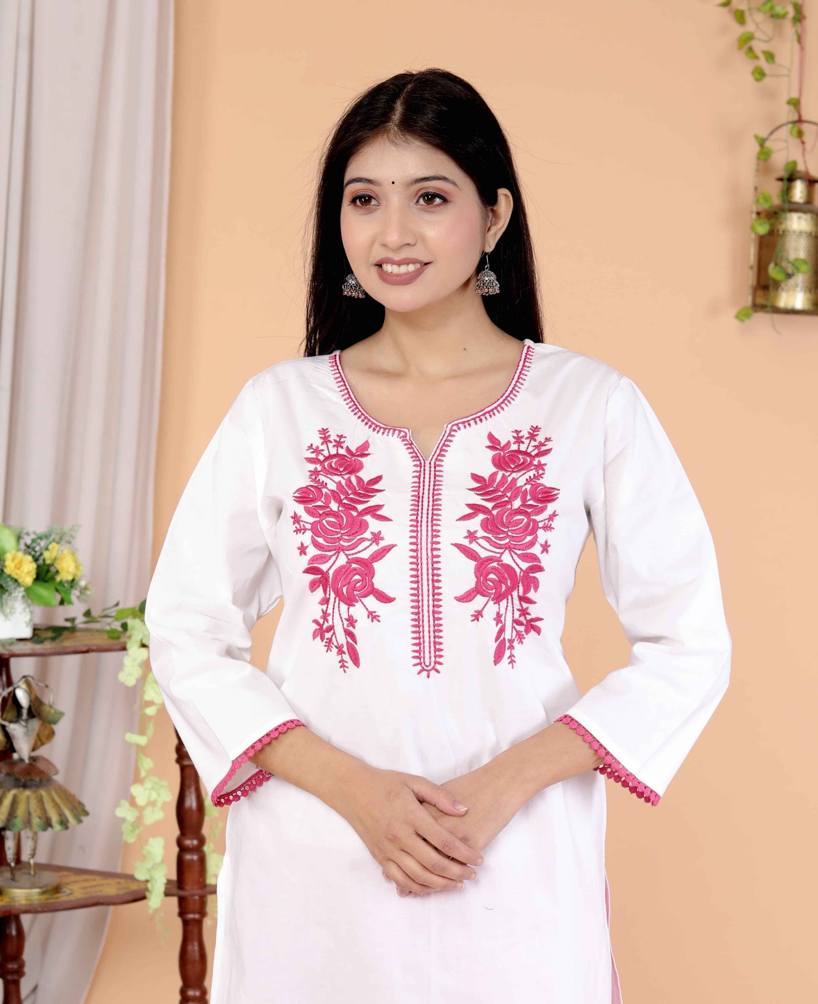 “White Cotton Straight Kurta with Pink Floral Yoke Embroidery”